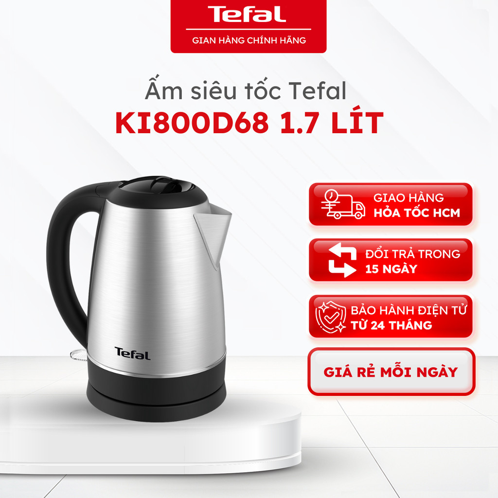 Ấm siêu tốc Tefal KI800D68, 1.7L, 2200W, inox 304, tự ngắt khi cạn nước | Bảo hành 24 tháng