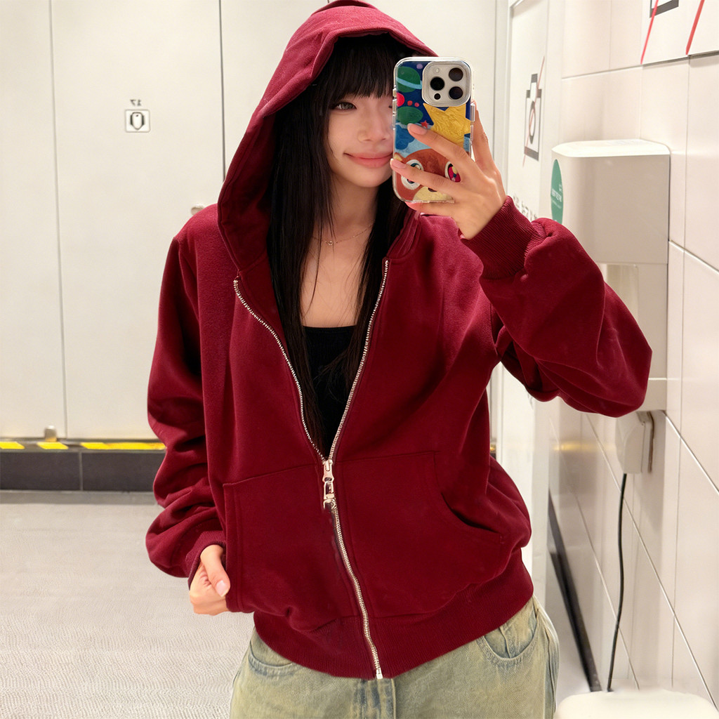 áo khoác mùa đông nữ màu đỏ áo khoác hoodie zip âu mỹ girl phố y2k local brand Salute | BigBuy360 - bigbuy360.vn