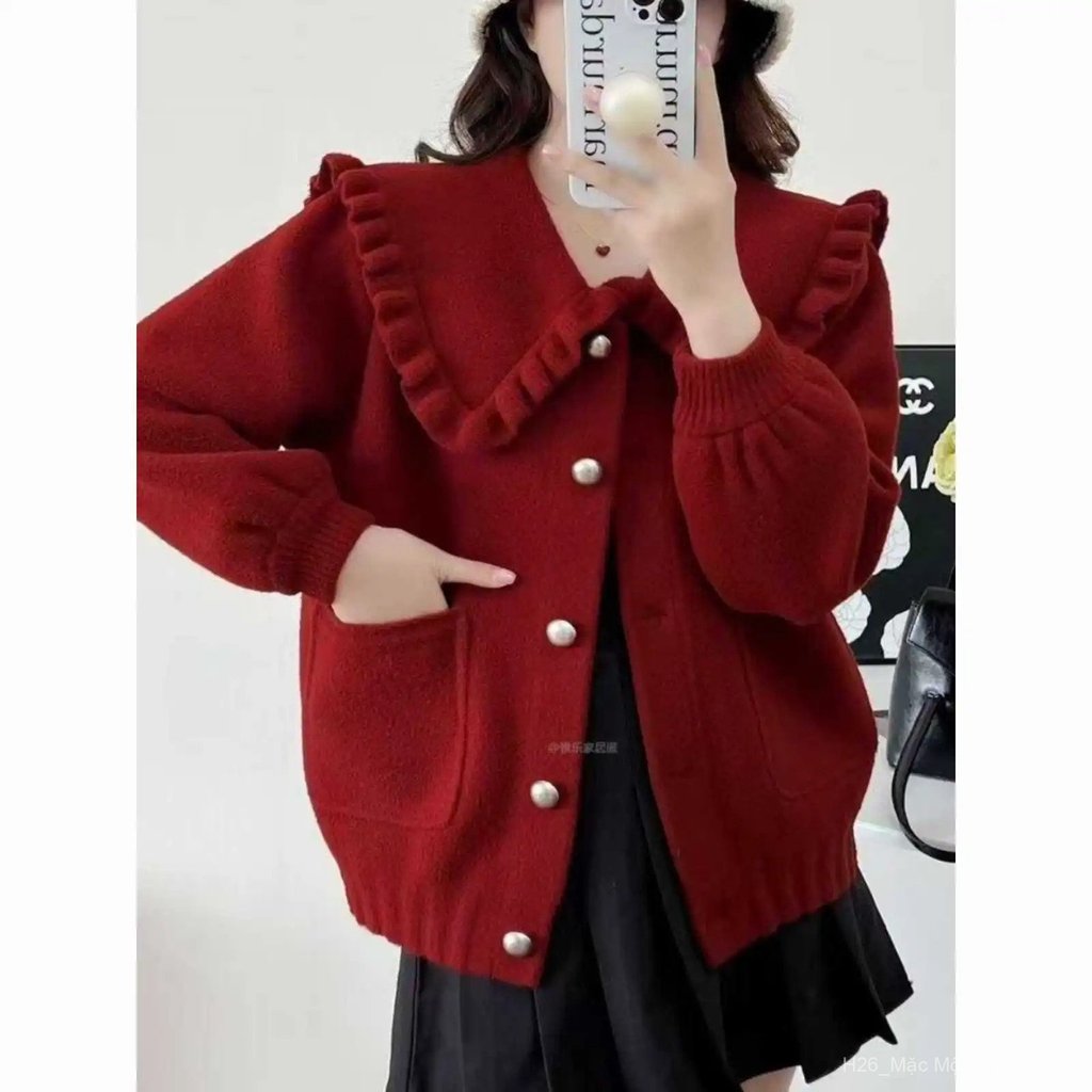 Áo khoác len đỏ cổ búp bê cho phụ nữ, mùa xuân mới, đơn giản, có bèo, thời trang, cardigan