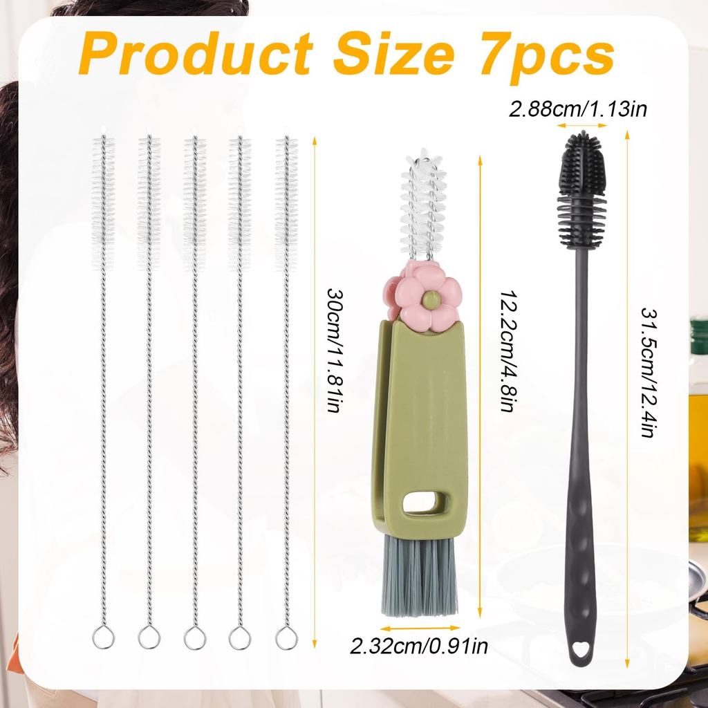 Bộ 7 ống hút silicon, Bàn chải làm sạch ống hút, Bàn chải cốc nước, Ống hút silicon có thể tái sử dụ