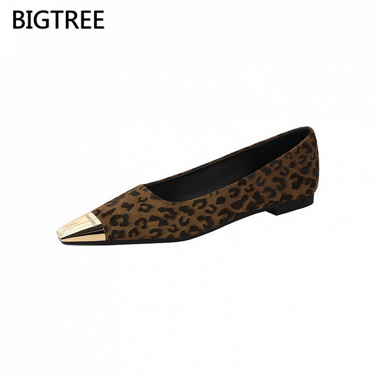 BIGTREE Women's Flat Shoes Leopard Print Shallow Mouth Patchwork Suede Sexy Women's Shoes