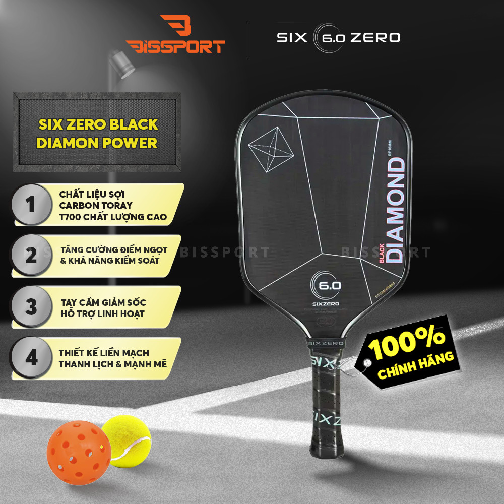 Vợt Pickleball Sixzero 6.0 Black Diamond Power 16mm Chính Hãng-  Carbon Siêu Cứng, Tấn Công Uy Lực, 