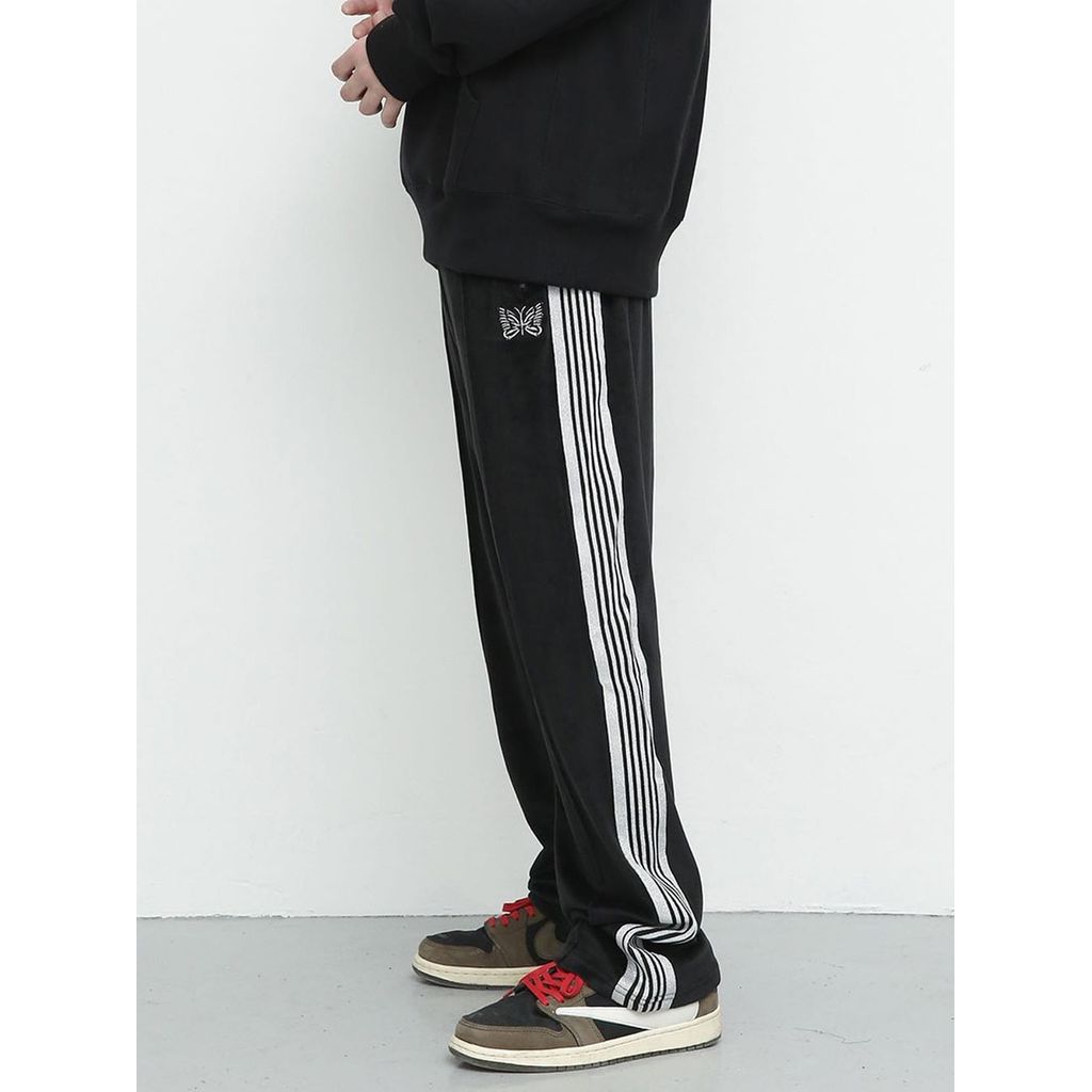 GTJX Needles Track Pants Velvet Embroidered Retro Ribbon Sports Casual Unisex Straight-Leg Pants