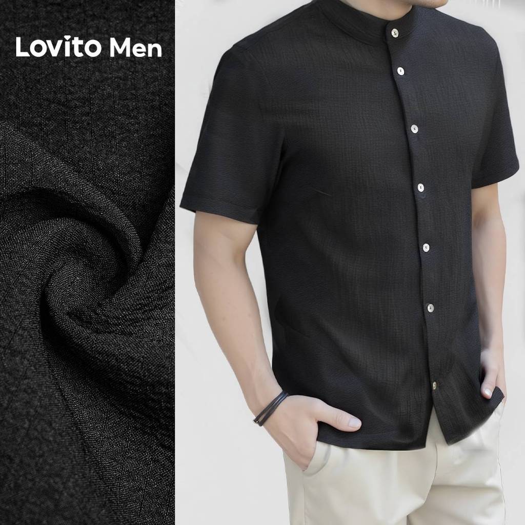 Lovito Áo sơ mi nam đen mùa xuân/hè xếp ly L169ED019