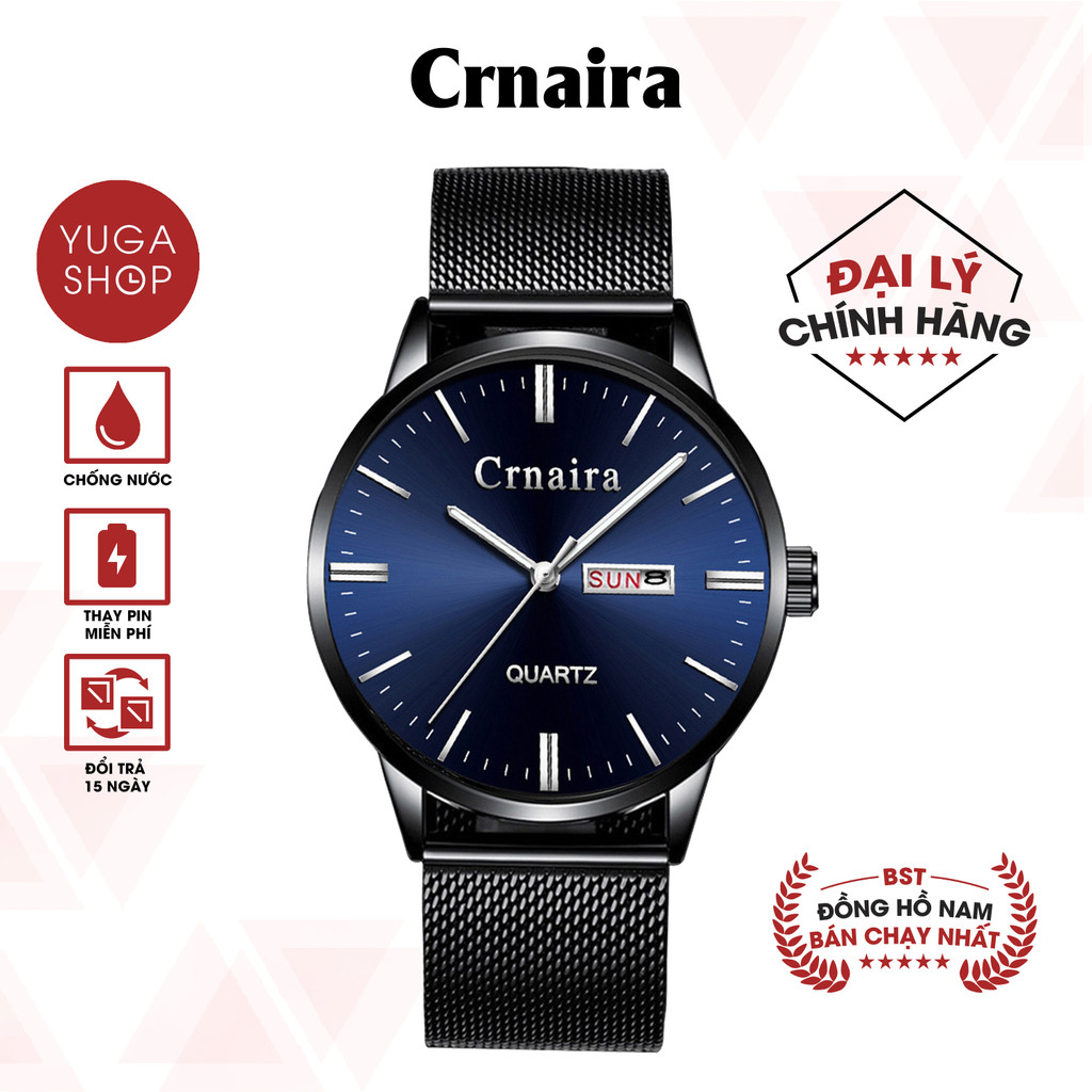 Đồng hồ nam CRNAIRA C9 chính hãng mặt tròn có lịch thứ lịch ngày dây thép không gỉ