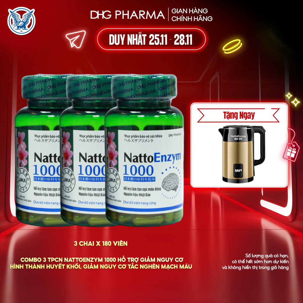  Combo 3 TPCN NattoEnzym 1000 Hỗ trợ giảm nguy cơ hình thành huyết khối giảm nguy cơ tắc nghẽn mạch máu 3 chai -180 Viên 