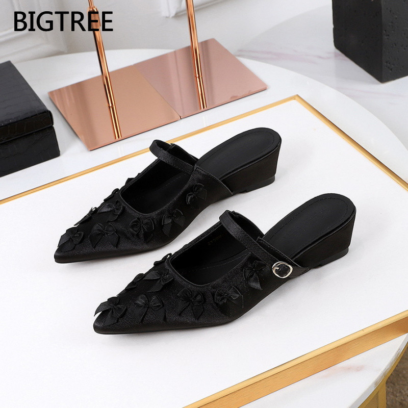 BIGTREE Women's Wedge Slippers Korean Style Satin Bow Pointed Toe Shallow Fashion Shoes