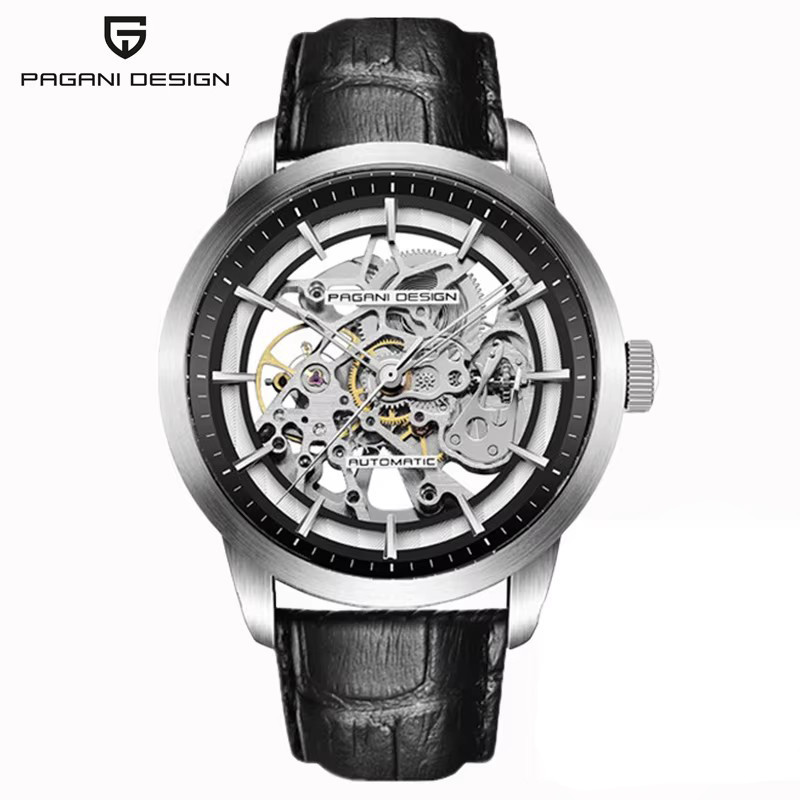 Đồng hồ nam PAGANI DESIGN máy cơ tự động, dây da, mặt xuyên thấu lộ cơ skeleton