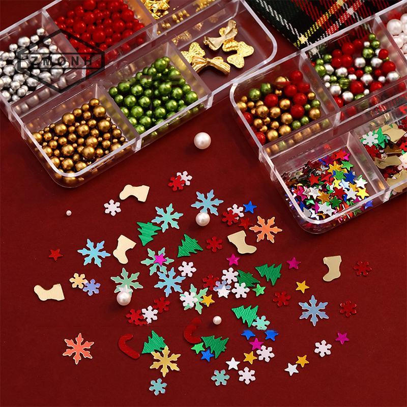 ZMONH Giáng Sinh Đỏ / Xanh Ngọc Trai Móng Tay Kim Cương Giả Kích Thước Hỗn Hợp Ngọc Trai Hạt Nhiều M