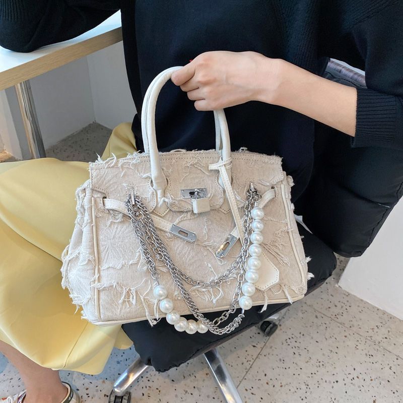 Niche Retro Handmade Denim Bạch Kim Túi Vải Túi Lee Túi Túi Đeo Vai Túi Nữ Hợp Thời Trang 2023V