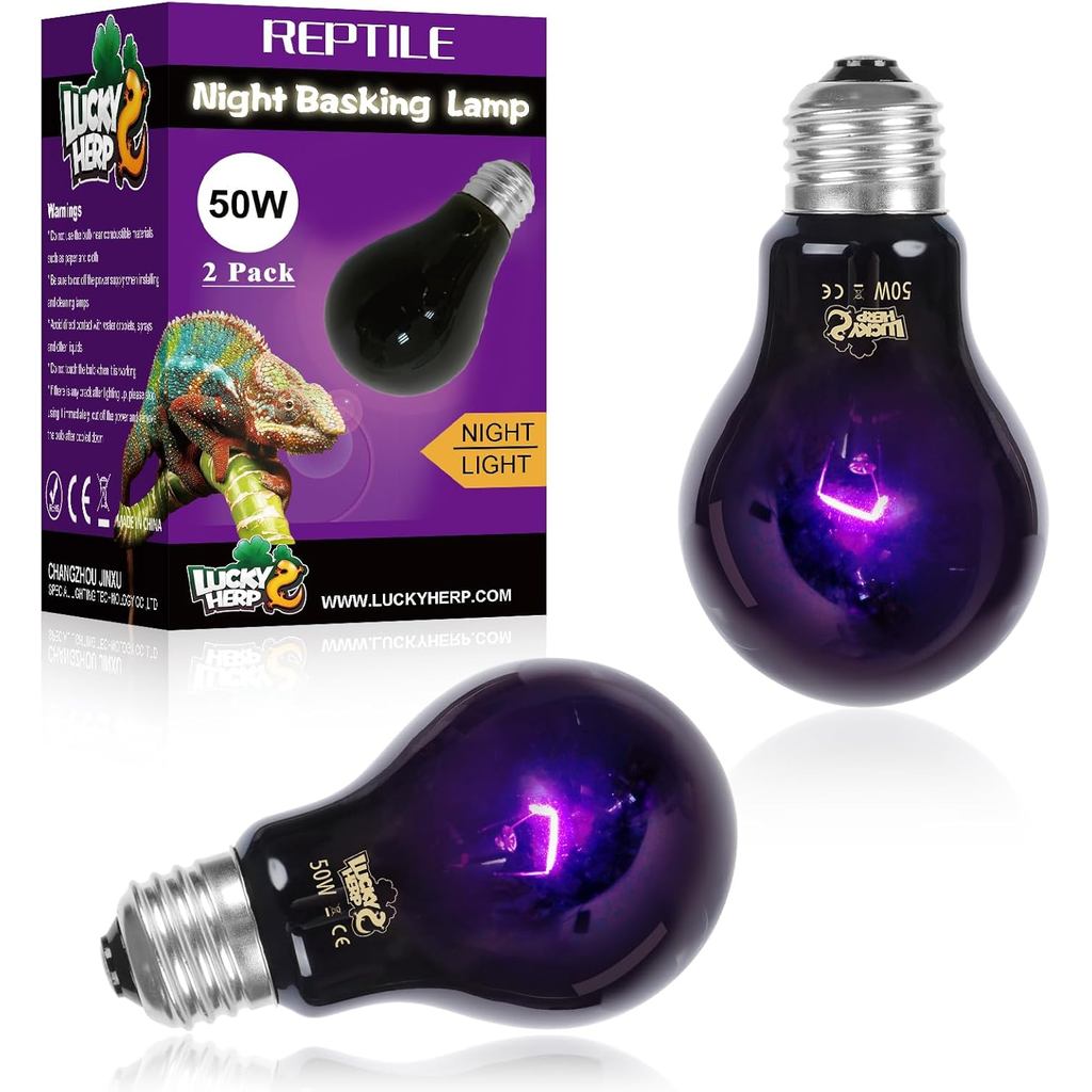 LUCKY HERP Đèn sưởi bò sát 50W 2 gói, Bóng đèn sưởi ban đêm bò sát, Bò sát & Động vật lưỡng cư Bóng 