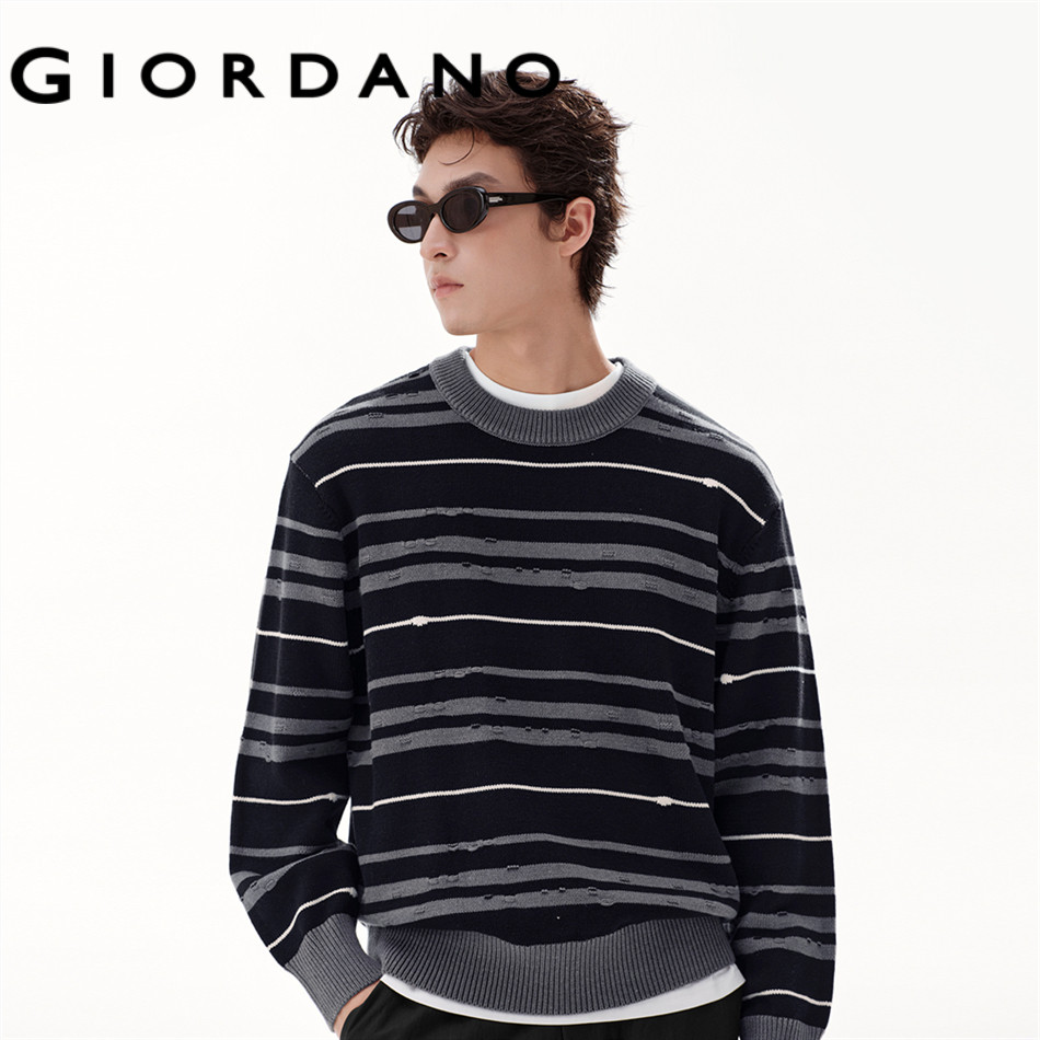 GIORDANO MEN Contrast stripe jacquard crewneck sweater 18055702