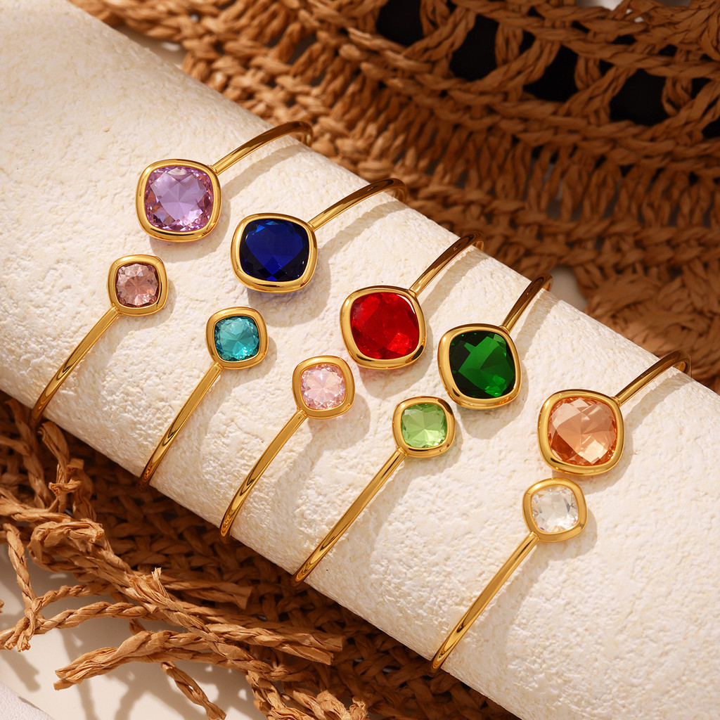 Super Flash Cut Czech Glass Stone Open-Ended Bracelet Simple and Light Luxury Stainless Steel Fine C