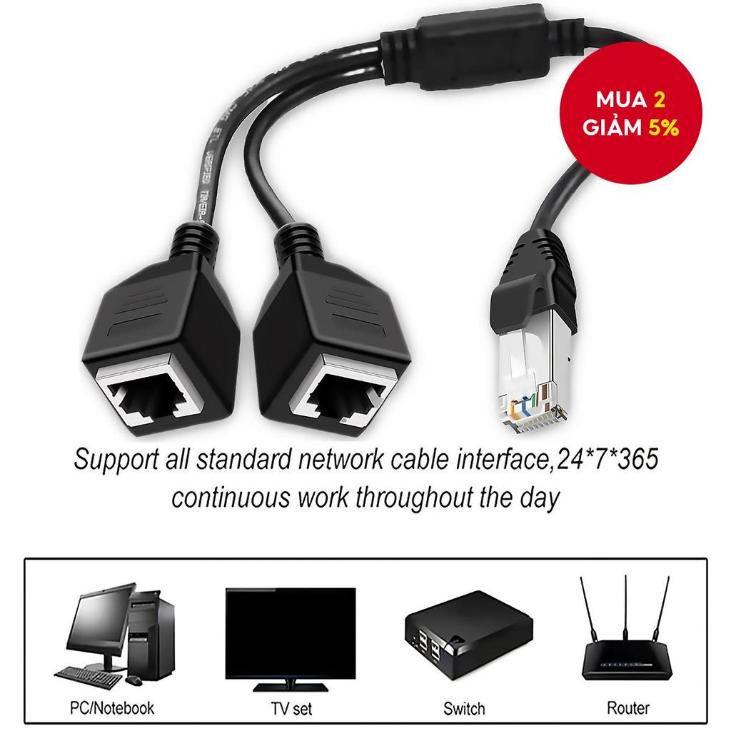 Bộ chia RJ45 mạng từ 1 sang 2 cổng Ethernet, cáp bộ chia RJ45 1 nam sang 2 nữ, phù hợp với Cat5, Cat