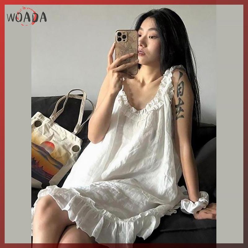 Bộ Đồ Ngủ Trắng WOADA Đầm Không Tay Ngọt Ngào Thường Ngày Ruffles Váy Ngủ VN