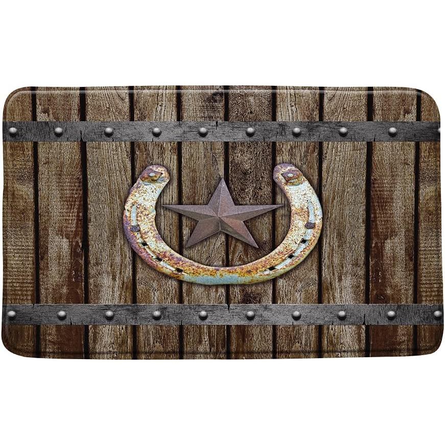 Thảm tắm nhà nông mộc mạc Rusty Horseshoe Texas Star on Old Barn Cửa nhà để xe bằng gỗ Vintage Tây C