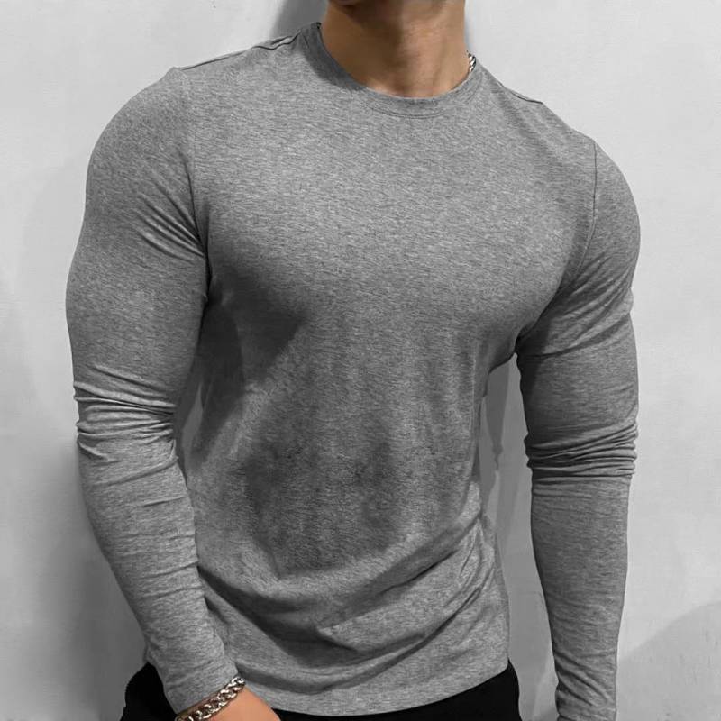 Autumn and Winter New Workout Long Sleeve Men's Solid Color Clothes Men's Sport T-shirt Stretch Crew