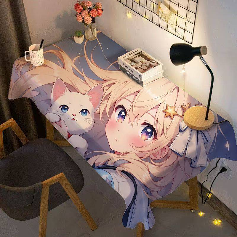 【Ready Stock】 Pet-Holding Illustration Tablecloth Girls' Dormitory Room Makeup Tablecloth Computer D