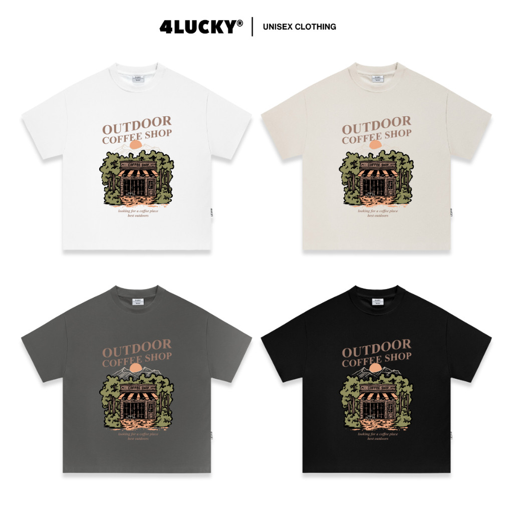 Áo Thun Form Boxy OUTDOOR COFFEE SHOP Tone Đất 4LUCKY 6406, Áo Thun Boxy Nam Nữ Cotton Co Giãn Thoán