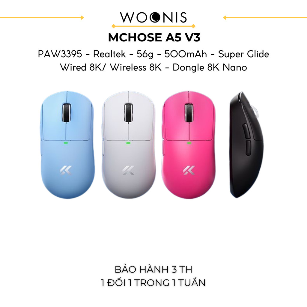 Chuột Gaming Không Dây MCHOSE A5 V3, PAW3395, MCU Realtek, Lớp Phủ Super Glide, Dual 8K