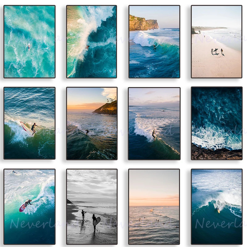 Bãi Biển Hoàng Hôn Sóng Nhiều Màu Sắc Siêu Thực Lướt Sóng Áp Phích Canvas Tranh Và In Hình Nghệ Thuậ