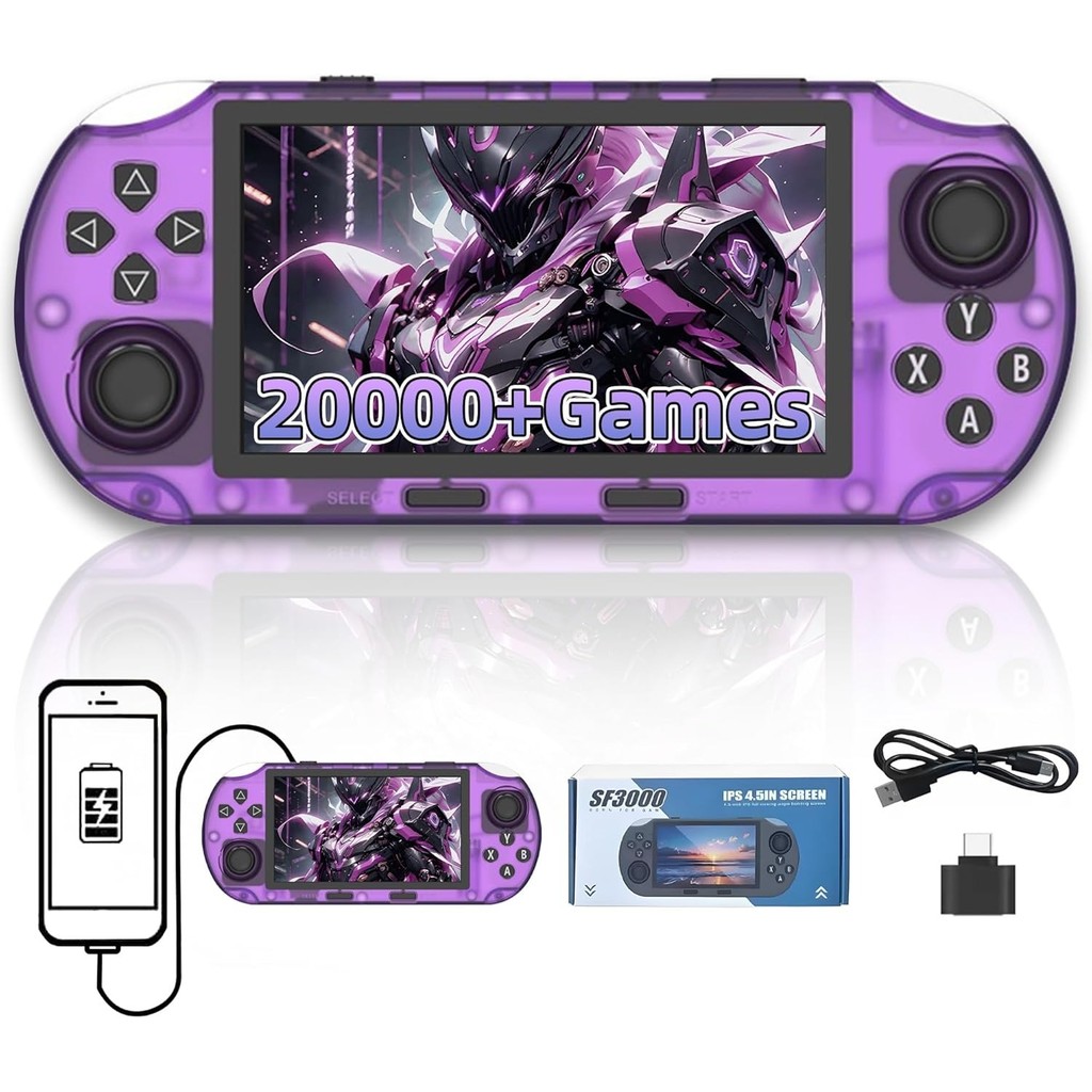 Máy chơi Game cầm tay SF3000 Retro, hơn 20000 trò chơi, Trình giả lập 14 +, Bảng điều khiển chơi Game cổ điển màn hình IPS HD 4,5 Inch, Bộ xử lý lõi kép, Sạc khẩn cấp cho điện thoại di động