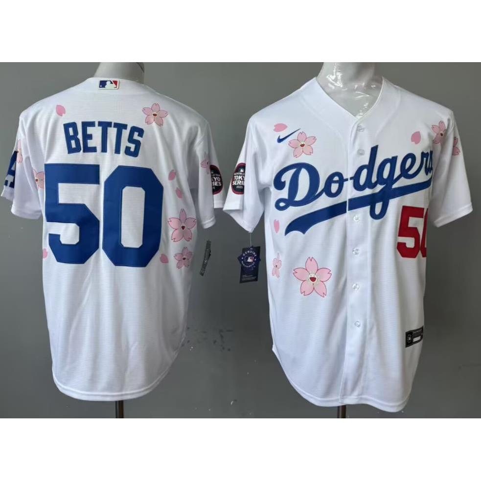 MLB Jersey Đồng phục bóng chày nút áo sơ mi tay ngắn Betts Ohtani Freeman Áo thun thêu thông thường