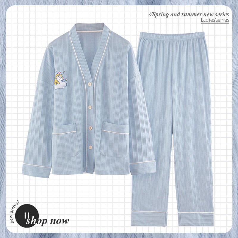 Bộ đồ ngủ LA3 nữ xuân thu, chất liệu cotton, dáng cardigan dài tay, ngọt ngào và dễ thương
