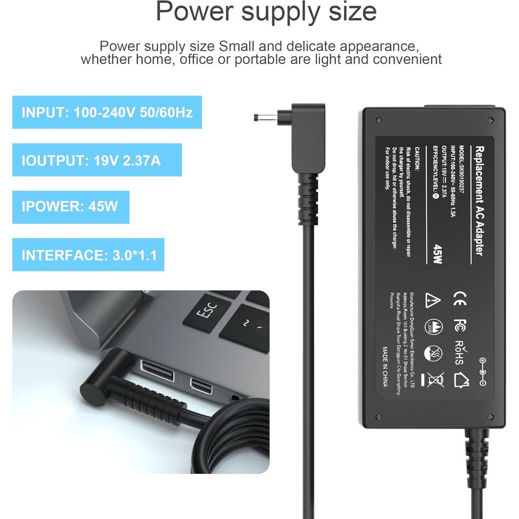 19V 2.37A 45W AC Adapter Sạc Laptop Tương Thích Với Acer Aspire 5 A515-44 A515-46 A515-54 A515-55 A5