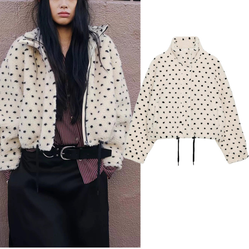 ZARA Áo khoác lông cừu phong cách chấm bi, cổ đứng