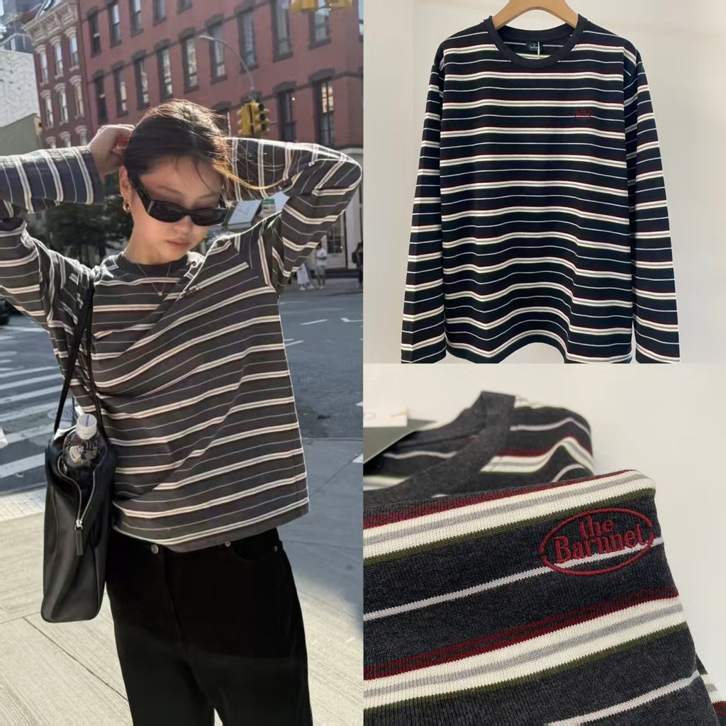 [SR-STUDIO] Áo thun dài tay sọc cổ tròn kiểu Hàn Quốc chải T7HB