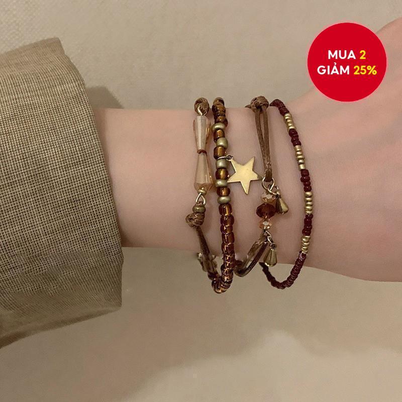 Vòng tay đính cườm dây bện cổ điển màu cà phê dành cho nữ 2024 phong cách mới tay bộ trang sức vòng tay