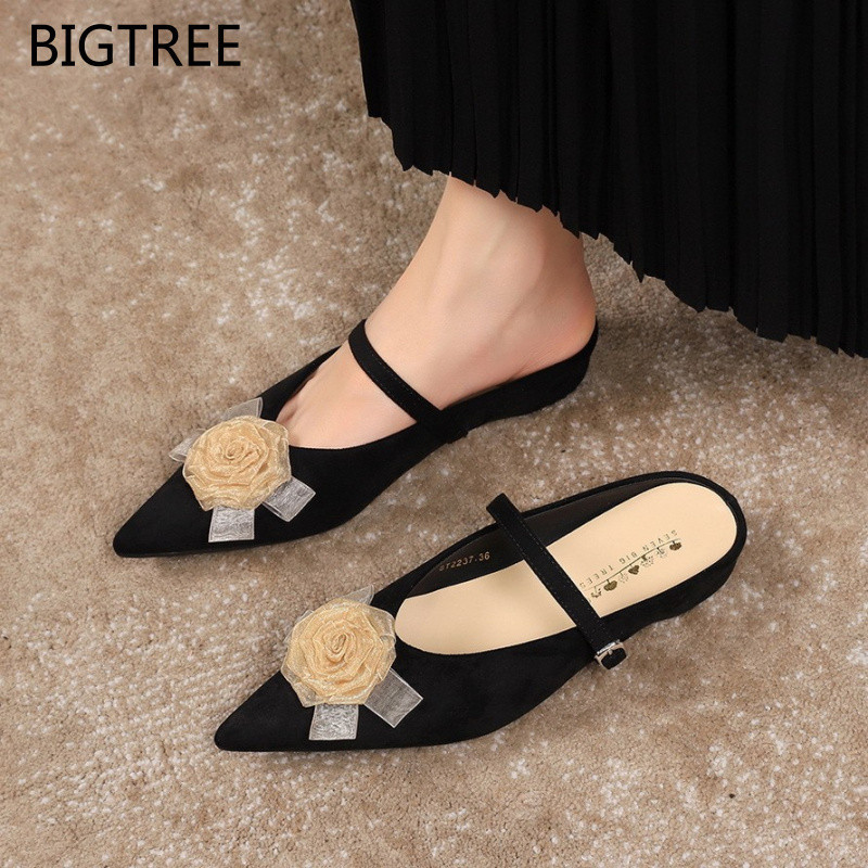 BIGTREE Women's high-heeled slippers2237-H95Korean Style Sweet Suede Floral Wedge Half Slippers Heig