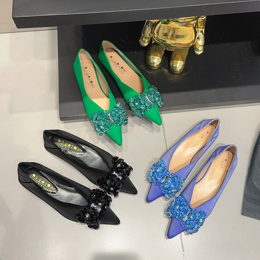 BIGTREE Women's Flat Ballet Shoes Korean Style Comfortable Shoes Satin Shallow Mouth Rhinestone Bow 