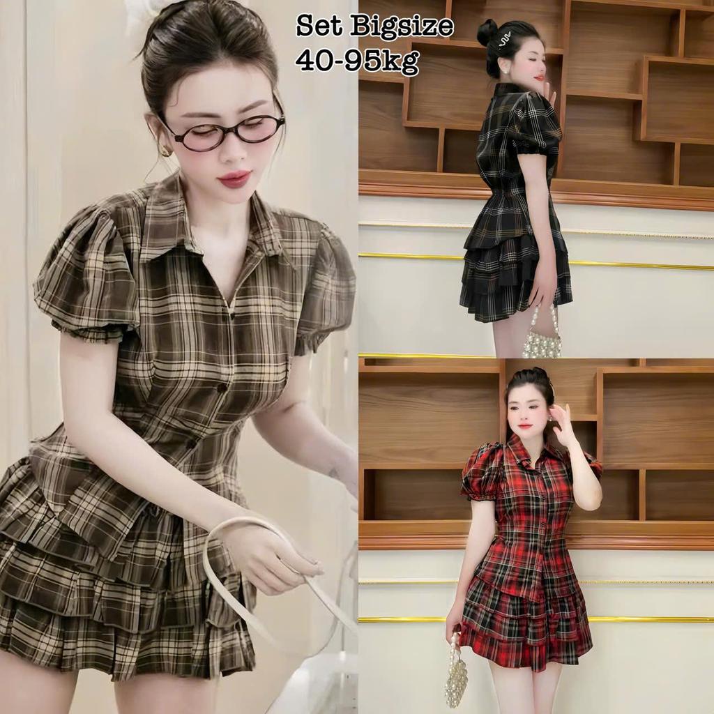 Thời Trang Nữ Bigsize Set Áo Sơ Mi Nữ Tay Bồng Phối Chân Váy Tầng Caro Bigsize Xinh Đẹp Cao Cấp Dễ T