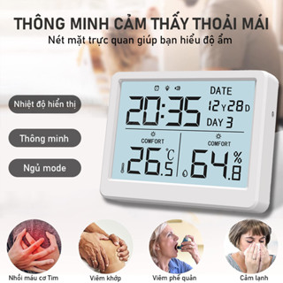 LCD Nhiệt Kế đo Nhiệt độ, độ ẩm Phòng đèn Nền Cảm Biến Thông Minh, Báo Thức, đo Trạng Thái Cho Bé
