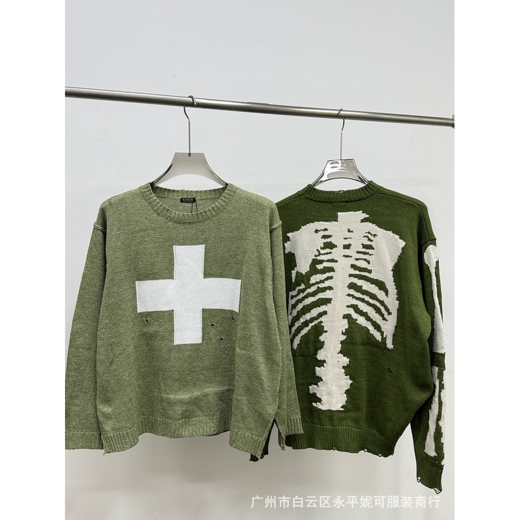 IRMU Kapital Sweater Crossbone Skeleton Frame Ripped Sweater Vintage Pullover Loose Long Sleeve Knit