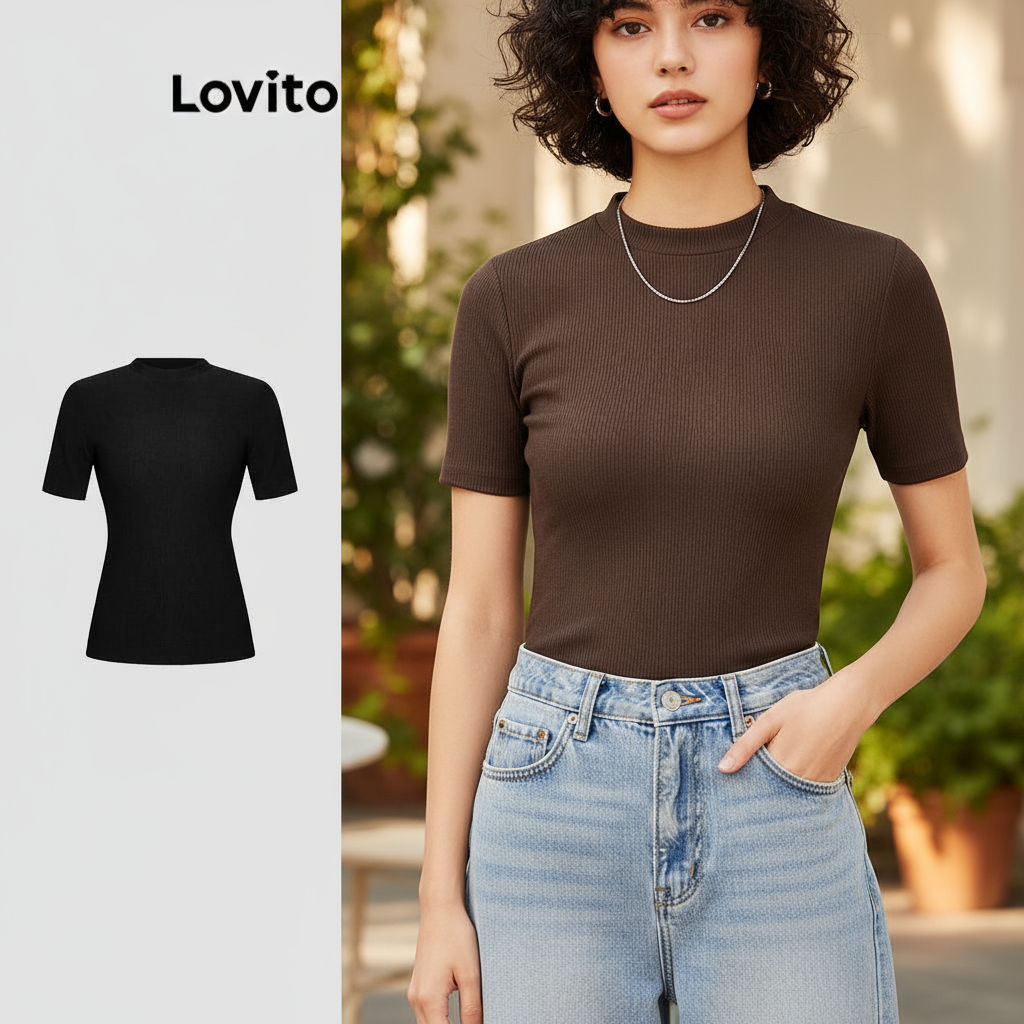 Áo thun ôm body nữ Lovito, cổ trụ, màu trơn, dáng ngắn, co giãn tốt, phong cách thường ngày L30ED021 (nâu)