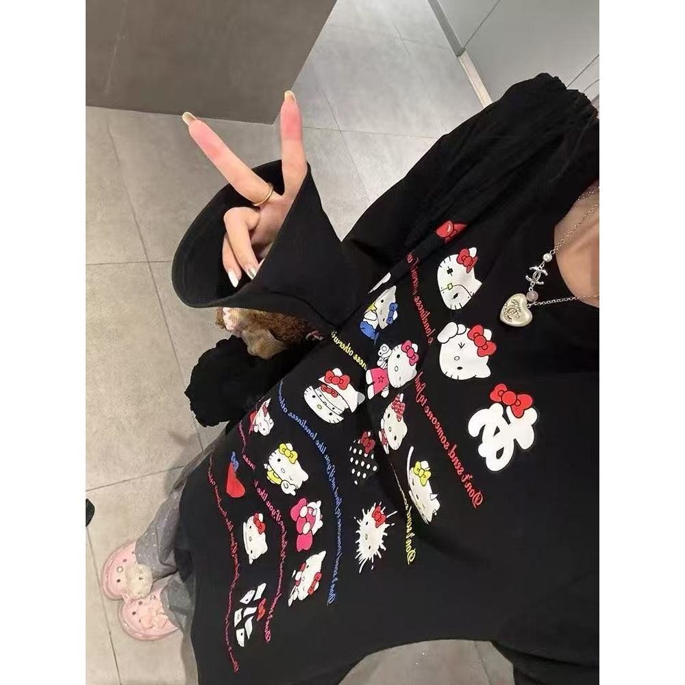 Milyfashion Cotton Retro kitty Hoạt Hình In Hình Dài Tay Cổ Tròn Rời Phù Hợp Với Top PD04