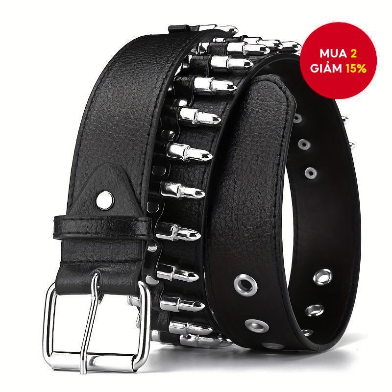 Unisex Black Punk Hip-Hop Belt - Y2k Bullet Buckle Dây đeo thắt lưng có thể điều chỉnh bằng kim loại