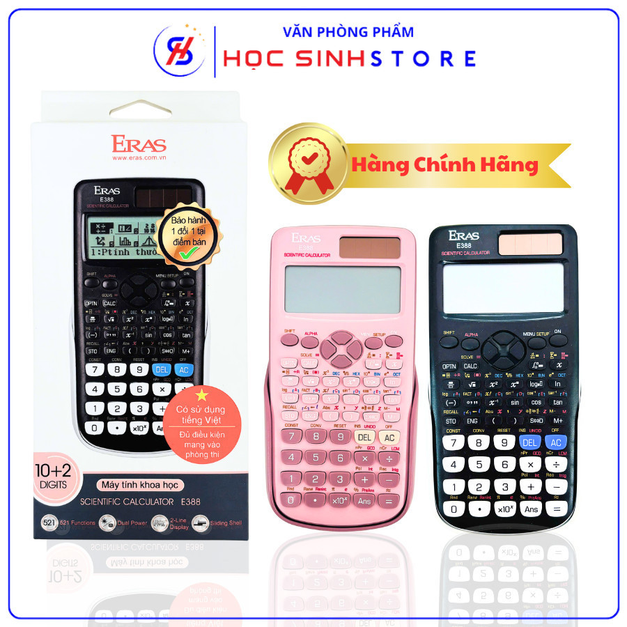 Máy Tính Khoa Học 521 Chức Năng E388 Chính Hãng Hiệu Eras, Tích Hợp 2 Nguồn (Pin + Mặt Trời), Vỏ Nắp