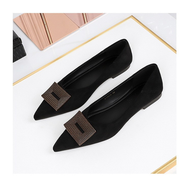 BIGTREE Women's Flat Ballet Shoes Korean Style Elegant Metal Square Buckle Shallow Mouth Suede Slimm