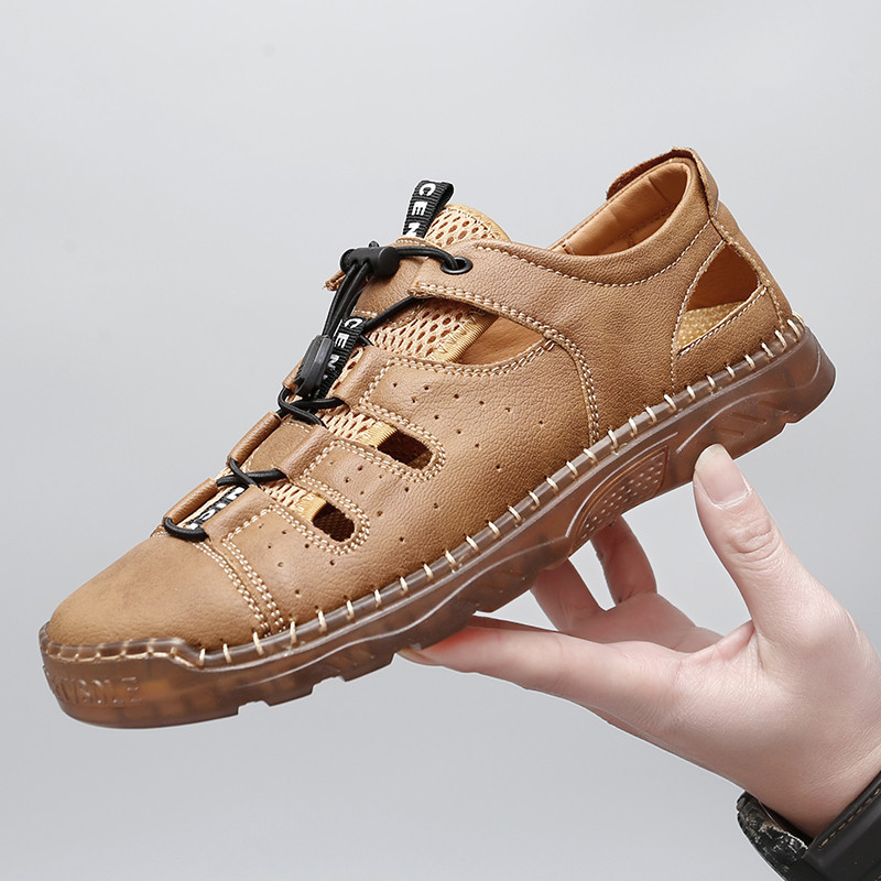 Men's Flat Sandals Large Size Fashion Korean Style Handmade Hollow Beach Shoes Shoes-Men's Shoes GEM