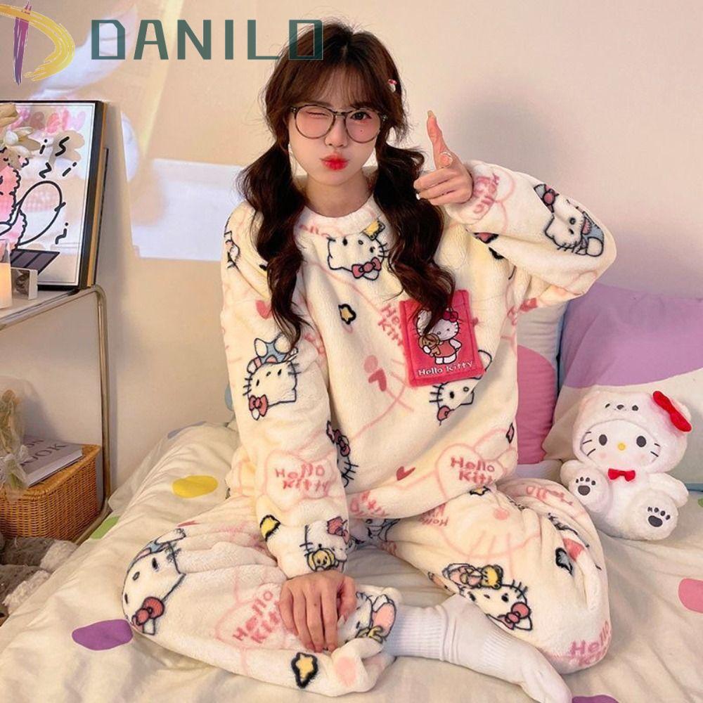 DANILO1 Bộ Đồ Ngủ Nữ, Kitty Cat Bear Rabbit Coral Fleece Sleepwear, Kawaii Letter Nightwear Dài Tay 