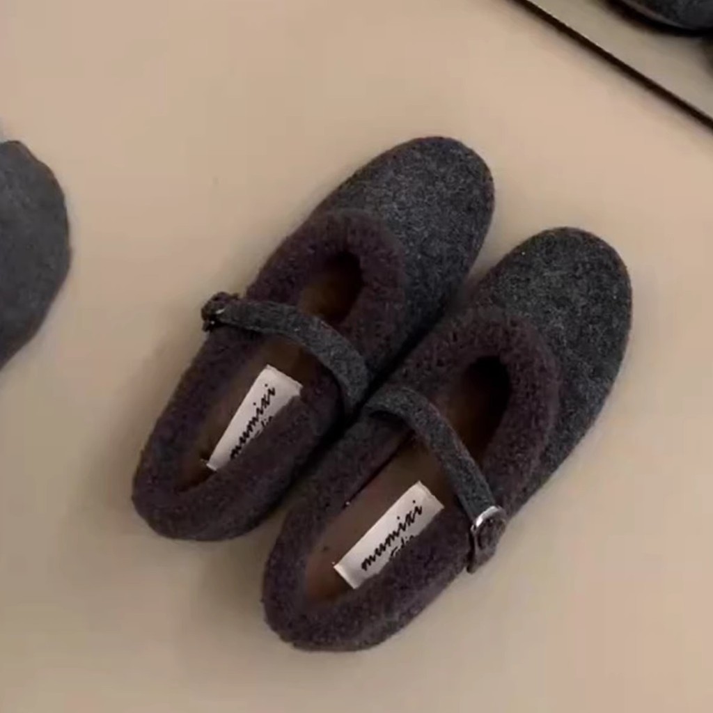 KD Phiên Bản Da Cừu Lông Cừu-Fleece Flat Fur Shoes Flat Buckle Warm Shoes Mary Jane Cotton Shoes