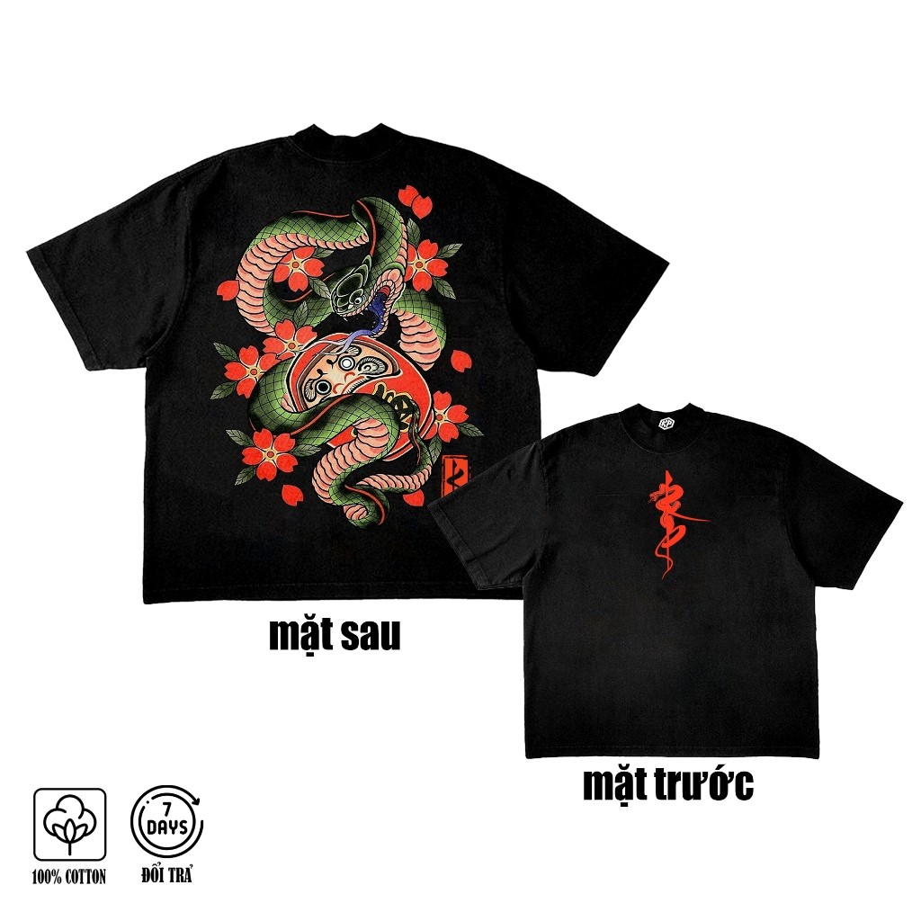 Áo thun 2 mặt Rắn quấn Daruma Tattoo Nhật Cổ - Áo thun Unisex cổ tròn 100% cotton dày dặn thoáng mát