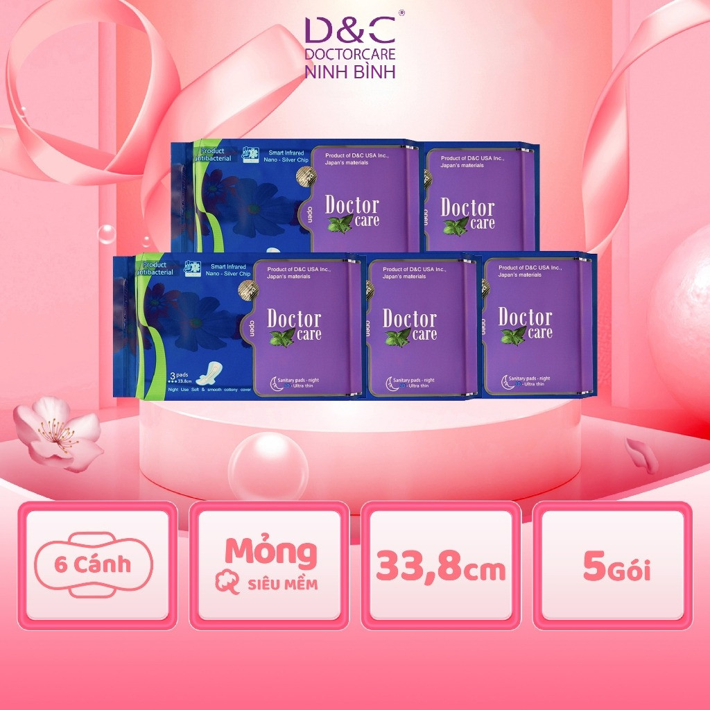 Combo 5 Băng vệ sinh thảo dược Doctor Care ban đêm gói 3 miếng 33.8cm 2 lớp chống tràn Doctor Care