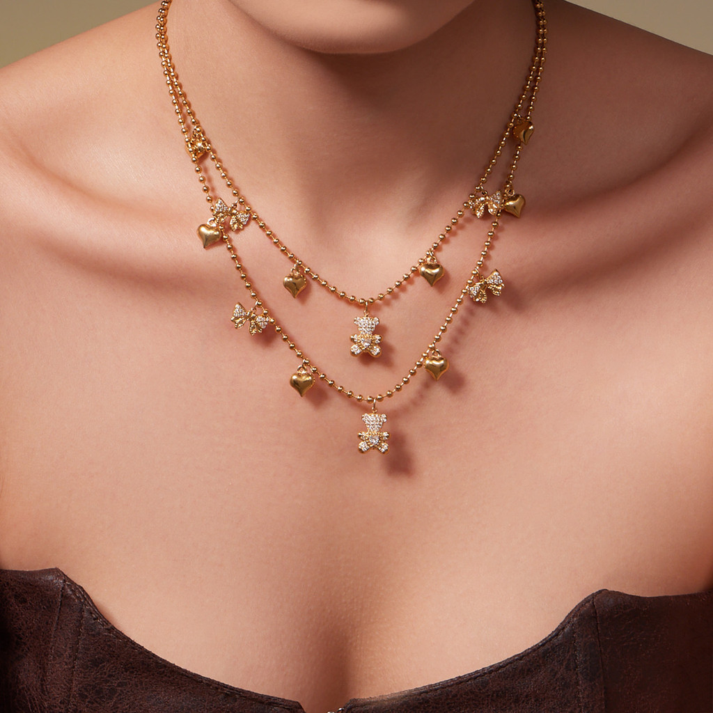 Stainless Steel Diamond Bear Jewelry 18K Gold Plated round Bead Necklace Heart Multi-Pendant Bracele