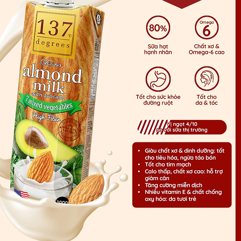 Sữa hạt Hạnh Nhân Bơ & Rau củ 137 DEGREES 1000ml