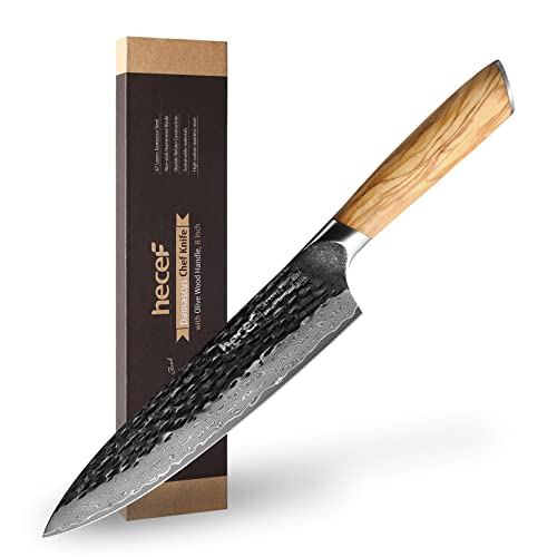 Dao cắt thịt bò hecef Damascus 203mm 9Cr18Mov thép, hoa văn búa, chuyên nghiệp, tay cầm gỗ ô liu, si